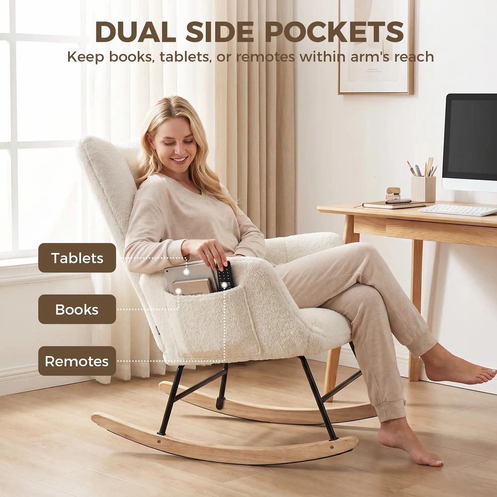 HOMCOM Rocking Chair, Teddy Fleece Rocker Chair with Tufted Wingback, Side Pockets, Rubber Wood Legs Additional View 7