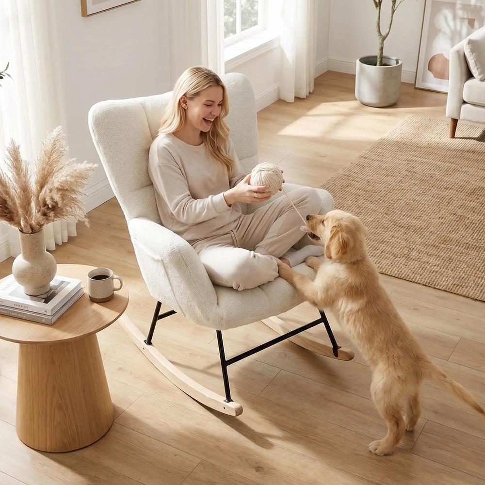 HOMCOM Rocking Chair, Teddy Fleece Rocker Chair with Tufted Wingback, Side Pockets, Rubber Wood Legs Additional View 8