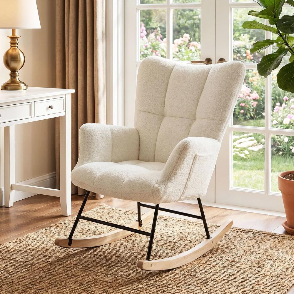 HOMCOM Rocking Chair, Teddy Fleece Rocker Chair with Tufted Wingback, Side Pockets, Rubber Wood Legs Additional View 9