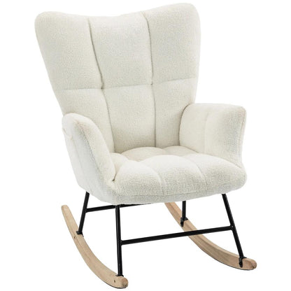 HOMCOM Rocking Chair, Teddy Fleece Rocker Chair with Tufted Wingback, Side Pockets, Rubber Wood Legs