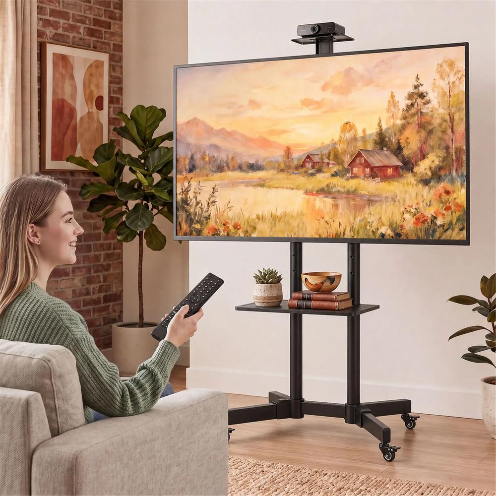 HOMCOM Mobile TV Stand on Wheels for 32-75 Inch Screens, Mobile TV Cart with Tilt, Height Adjustable, Black Additional View 2