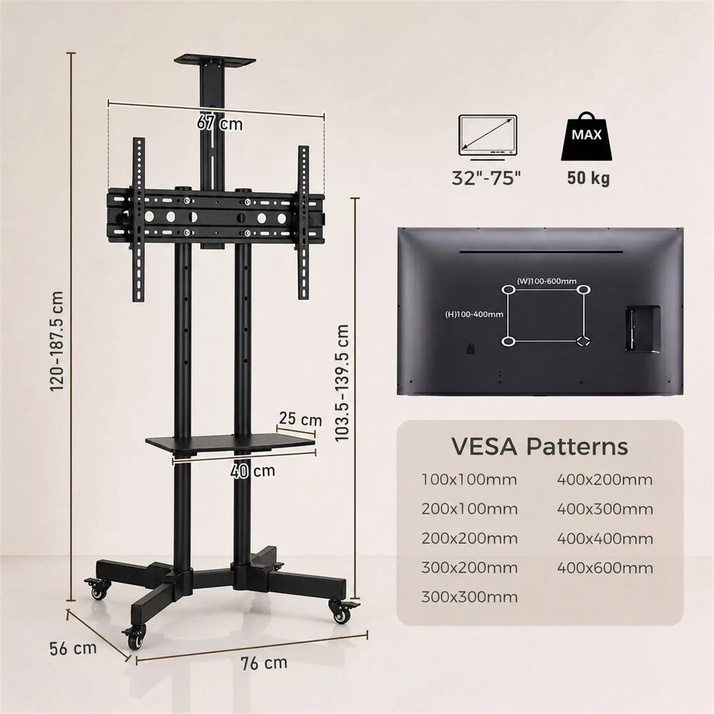 HOMCOM Mobile TV Stand on Wheels for 32-75 Inch Screens, Mobile TV Cart with Tilt, Height Adjustable, Black Additional View 3