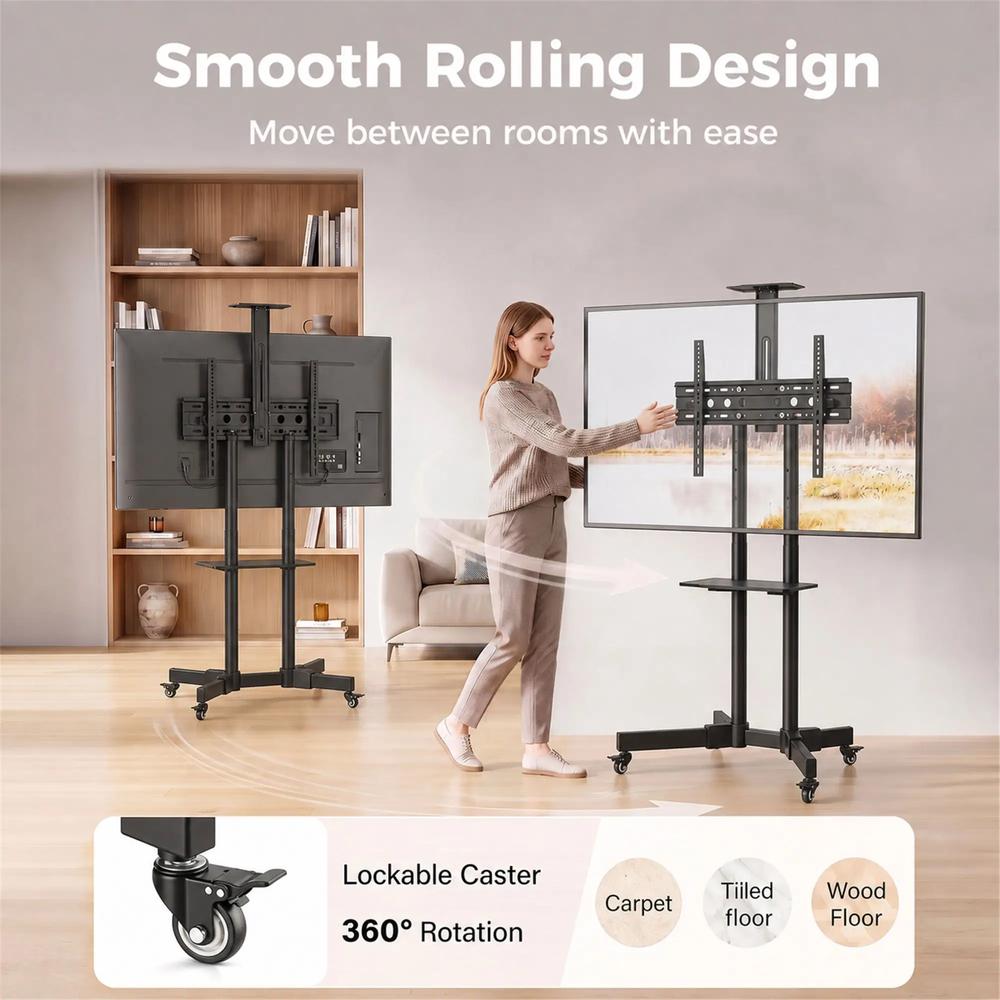 HOMCOM Mobile TV Stand on Wheels for 32-75 Inch Screens, Mobile TV Cart with Tilt, Height Adjustable, Black Additional View 6