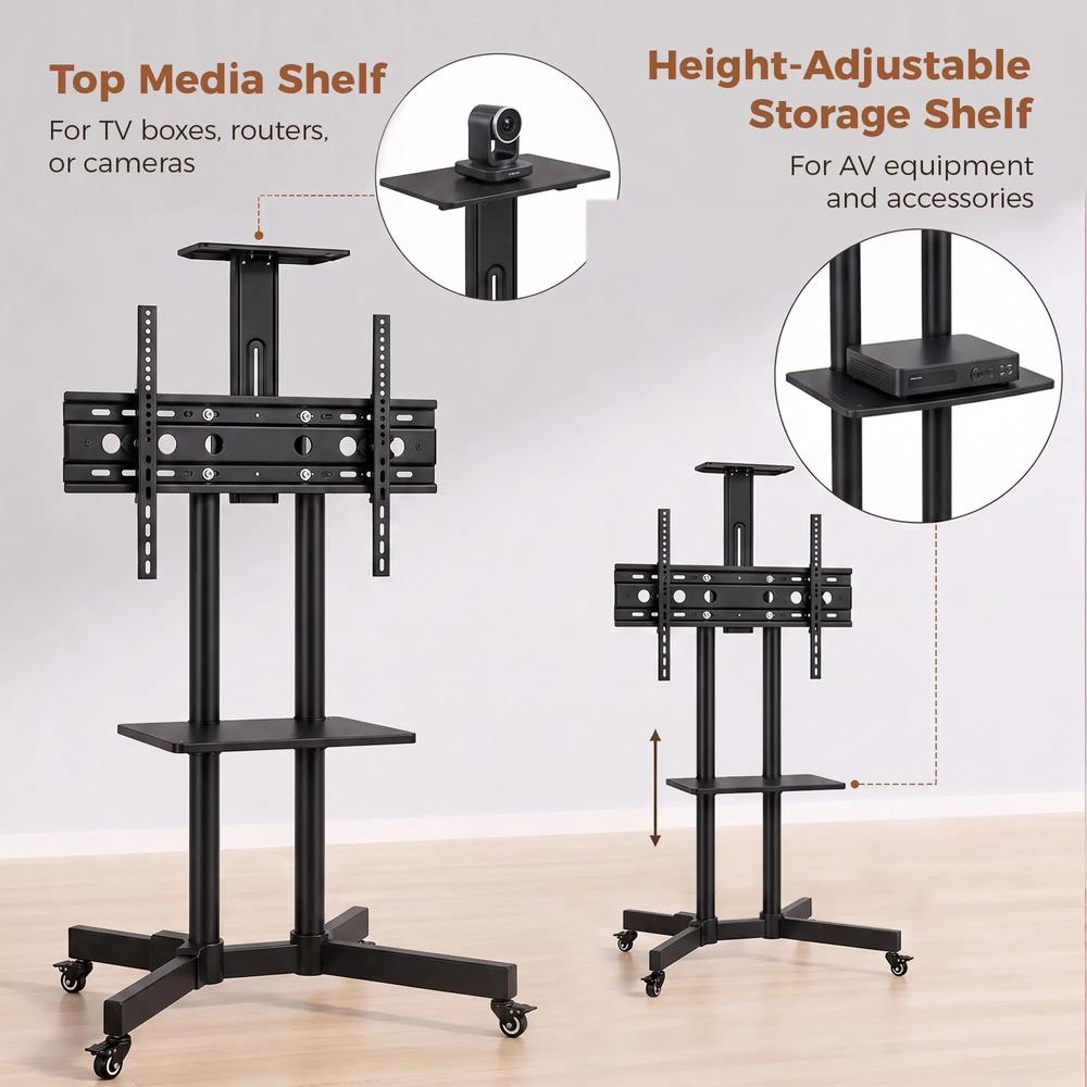 HOMCOM Mobile TV Stand on Wheels for 32-75 Inch Screens, Mobile TV Cart with Tilt, Height Adjustable, Black Additional View 7