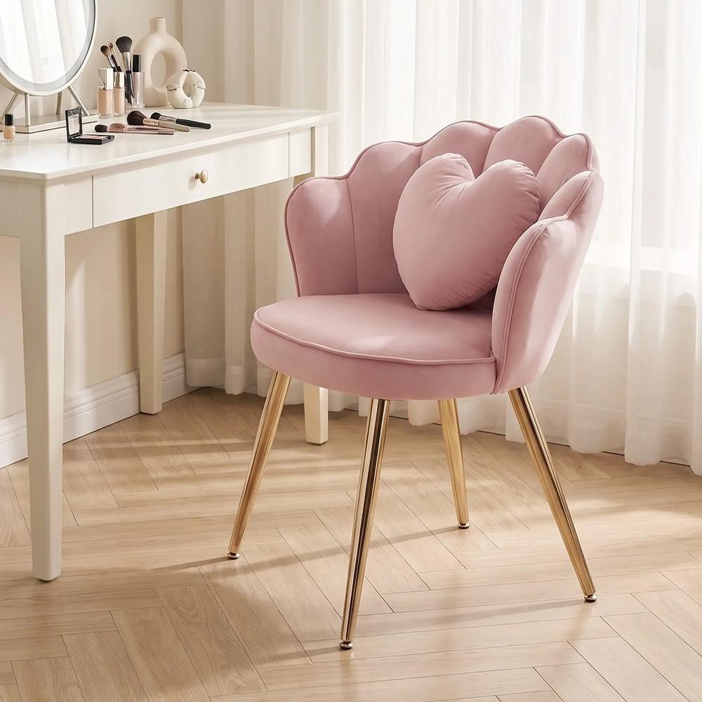 HOMCOM Accent Chair Velvet Upholstered Armchair Lotus Back Heart Pillow Lumbar Pillow Metal Legs Soft Pink Additional View 14