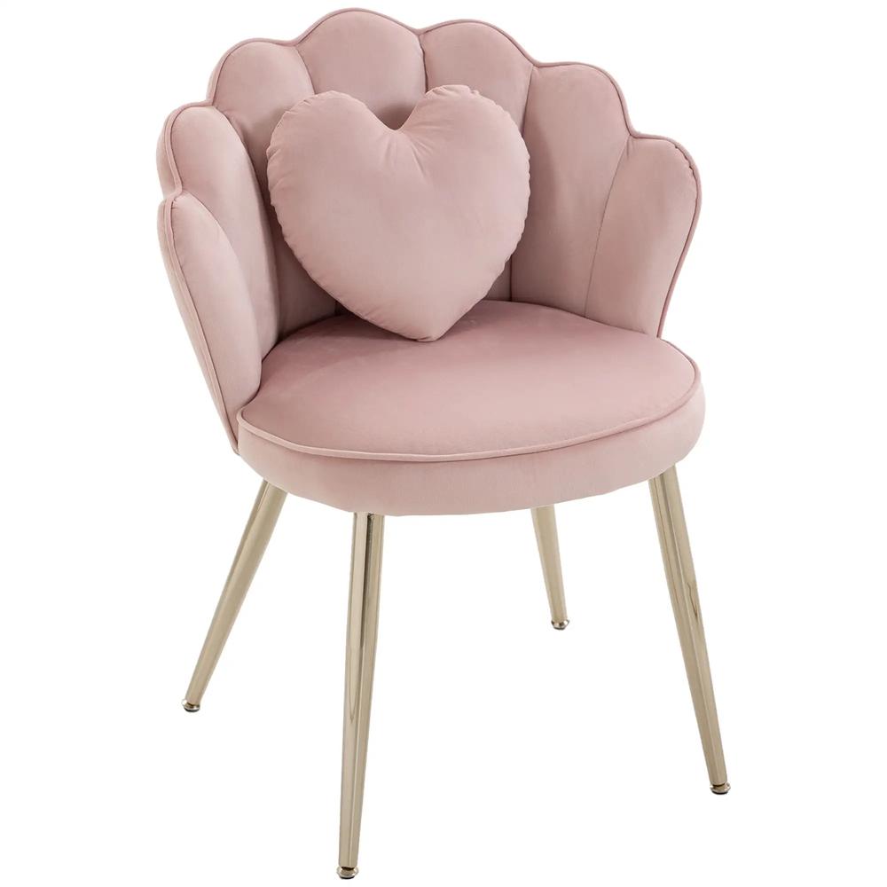 HOMCOM Accent Chair Velvet Upholstered Armchair Lotus Back Heart Pillow Lumbar Pillow Metal Legs Soft Pink Additional View 15