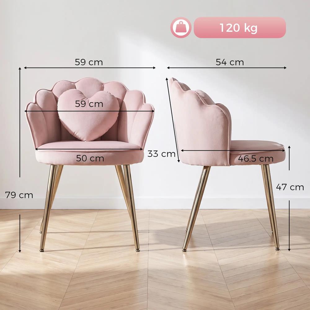 HOMCOM Accent Chair Velvet Upholstered Armchair Lotus Back Heart Pillow Lumbar Pillow Metal Legs Soft Pink Additional View 3