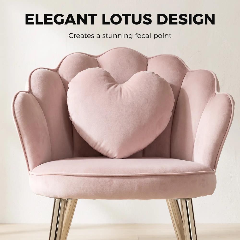 HOMCOM Accent Chair Velvet Upholstered Armchair Lotus Back Heart Pillow Lumbar Pillow Metal Legs Soft Pink Additional View 4