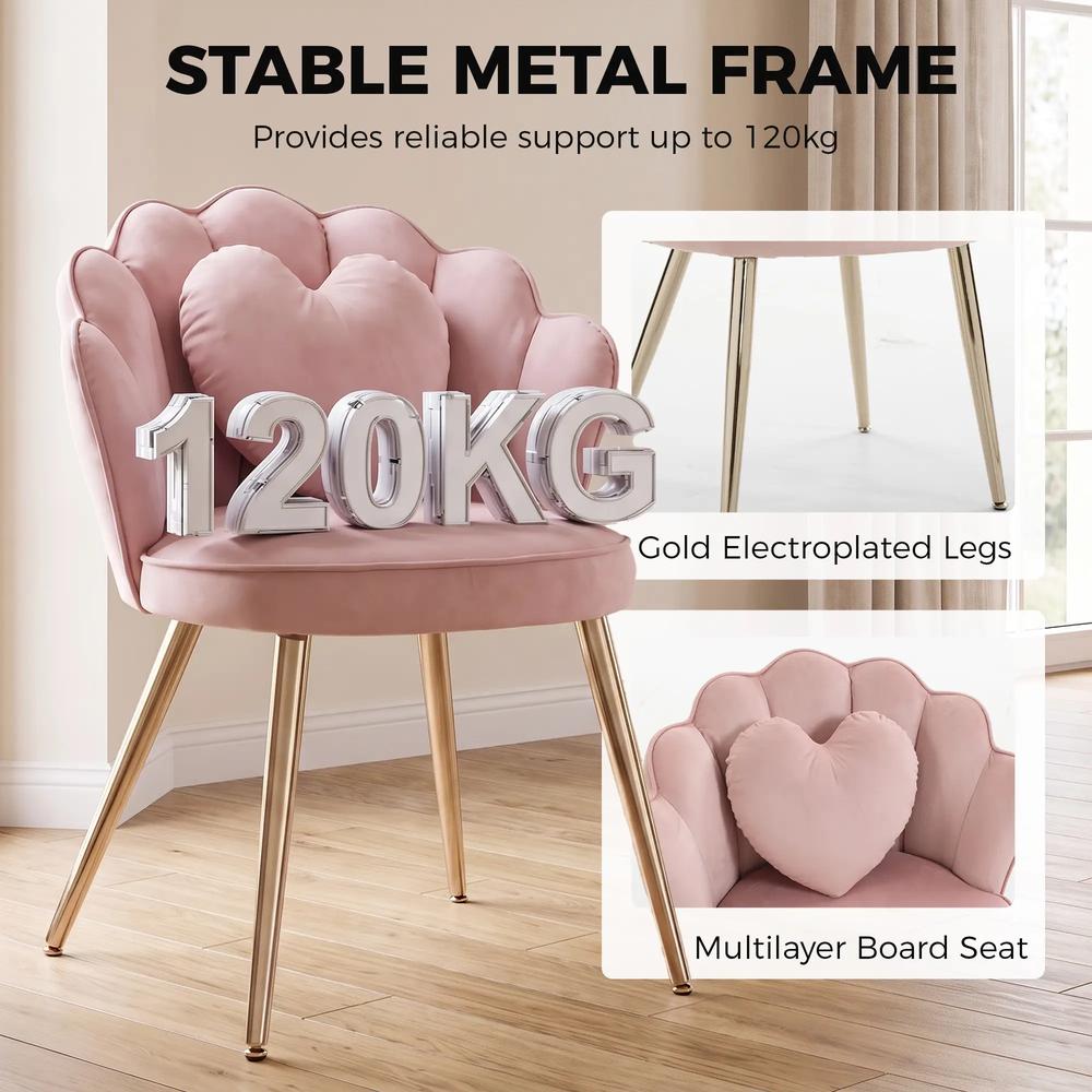 HOMCOM Accent Chair Velvet Upholstered Armchair Lotus Back Heart Pillow Lumbar Pillow Metal Legs Soft Pink Additional View 6