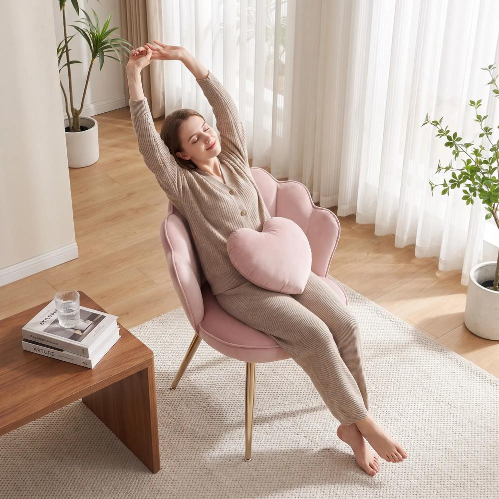 HOMCOM Accent Chair Velvet Upholstered Armchair Lotus Back Heart Pillow Lumbar Pillow Metal Legs Soft Pink Additional View 9