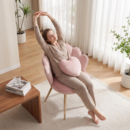 HOMCOM Accent Chair Velvet Upholstered Armchair Lotus Back Heart Pillow Lumbar Pillow Metal Legs Soft Pink Additional View 9