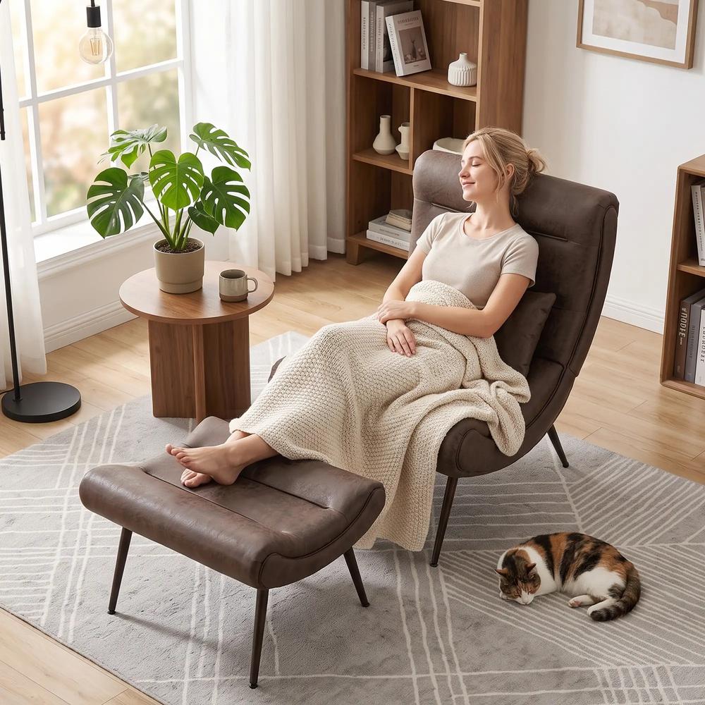 HOMCOM Modern Accent Chair with Footstool, Upholstered Lounge Chair with 64cm Wide Seat, Lumbar Pillow, Trapezoidal Backrest Additional View 9