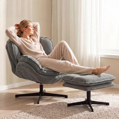 HOMCOM Armchair with Adjustable Footstool, 360-Degree Swivel Chenille Cloud Accent Chair with Thick Cushion, Steel Base Additional View 14