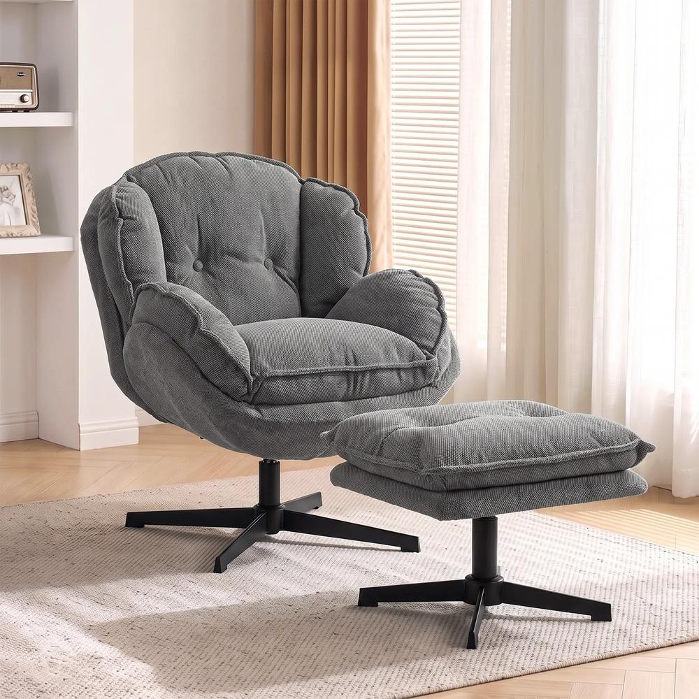 HOMCOM Armchair with Adjustable Footstool, 360-Degree Swivel Chenille Cloud Accent Chair with Thick Cushion, Steel Base Additional View 2