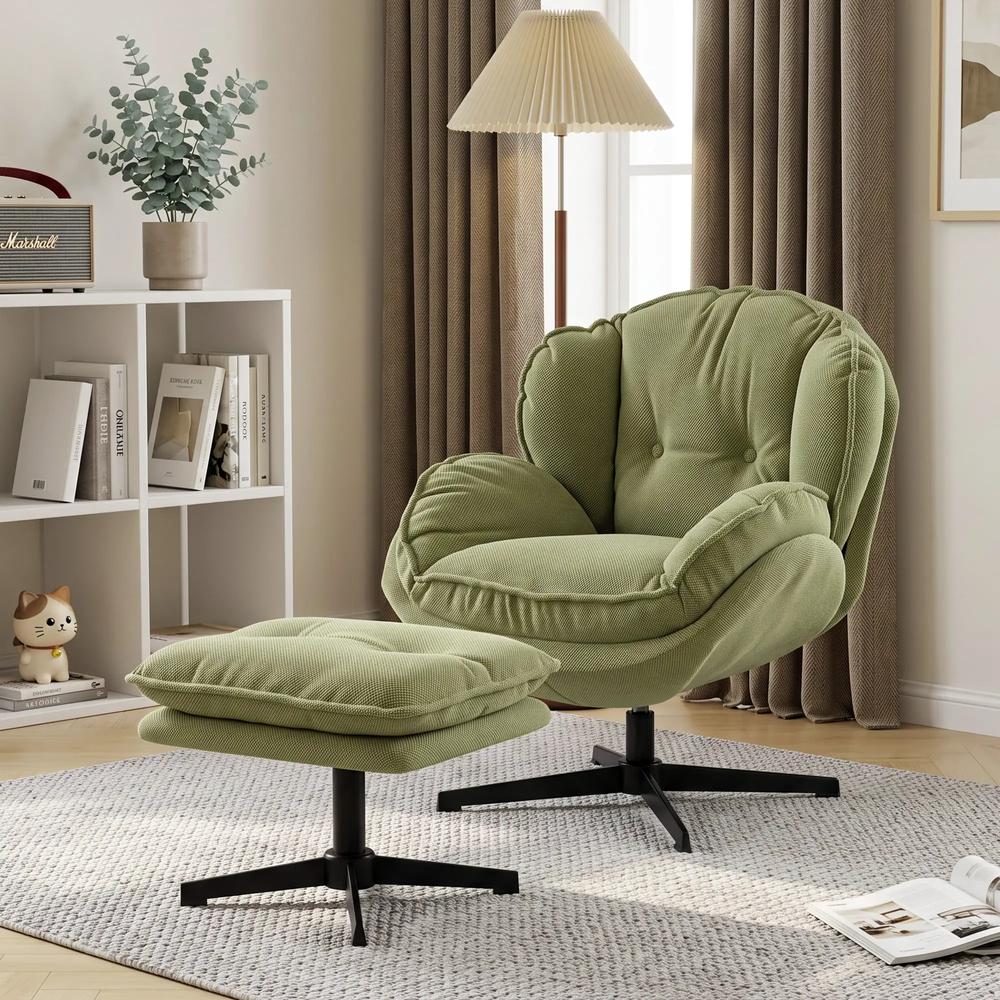 HOMCOM Armchair with Adjustable Footstool, 360-Degree Swivel Chenille Cloud Accent Chair with Thick Cushion, Steel Base Additional View 23