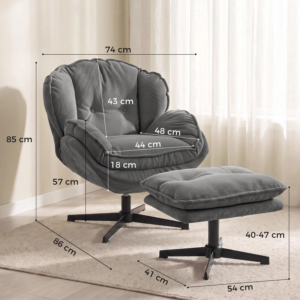 HOMCOM Armchair with Adjustable Footstool, 360-Degree Swivel Chenille Cloud Accent Chair with Thick Cushion, Steel Base Additional View 3