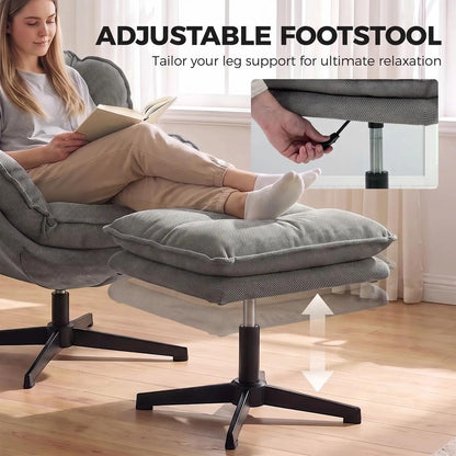HOMCOM Armchair with Adjustable Footstool, 360-Degree Swivel Chenille Cloud Accent Chair with Thick Cushion, Steel Base Additional View 4
