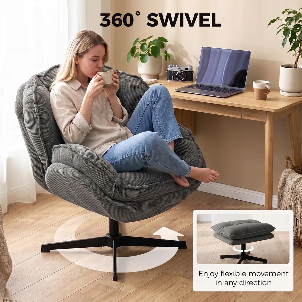 HOMCOM Armchair with Adjustable Footstool, 360-Degree Swivel Chenille Cloud Accent Chair with Thick Cushion, Steel Base Additional View 5