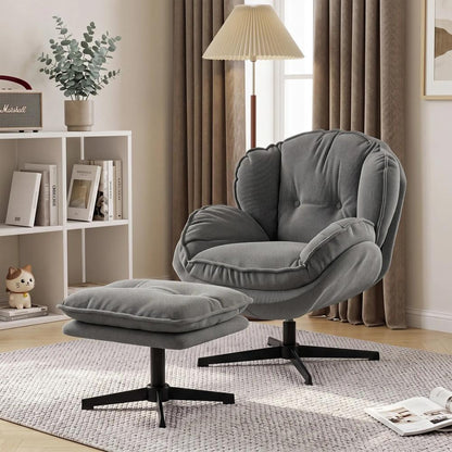 HOMCOM Armchair with Adjustable Footstool, 360-Degree Swivel Chenille Cloud Accent Chair with Thick Cushion, Steel Base Additional View 8