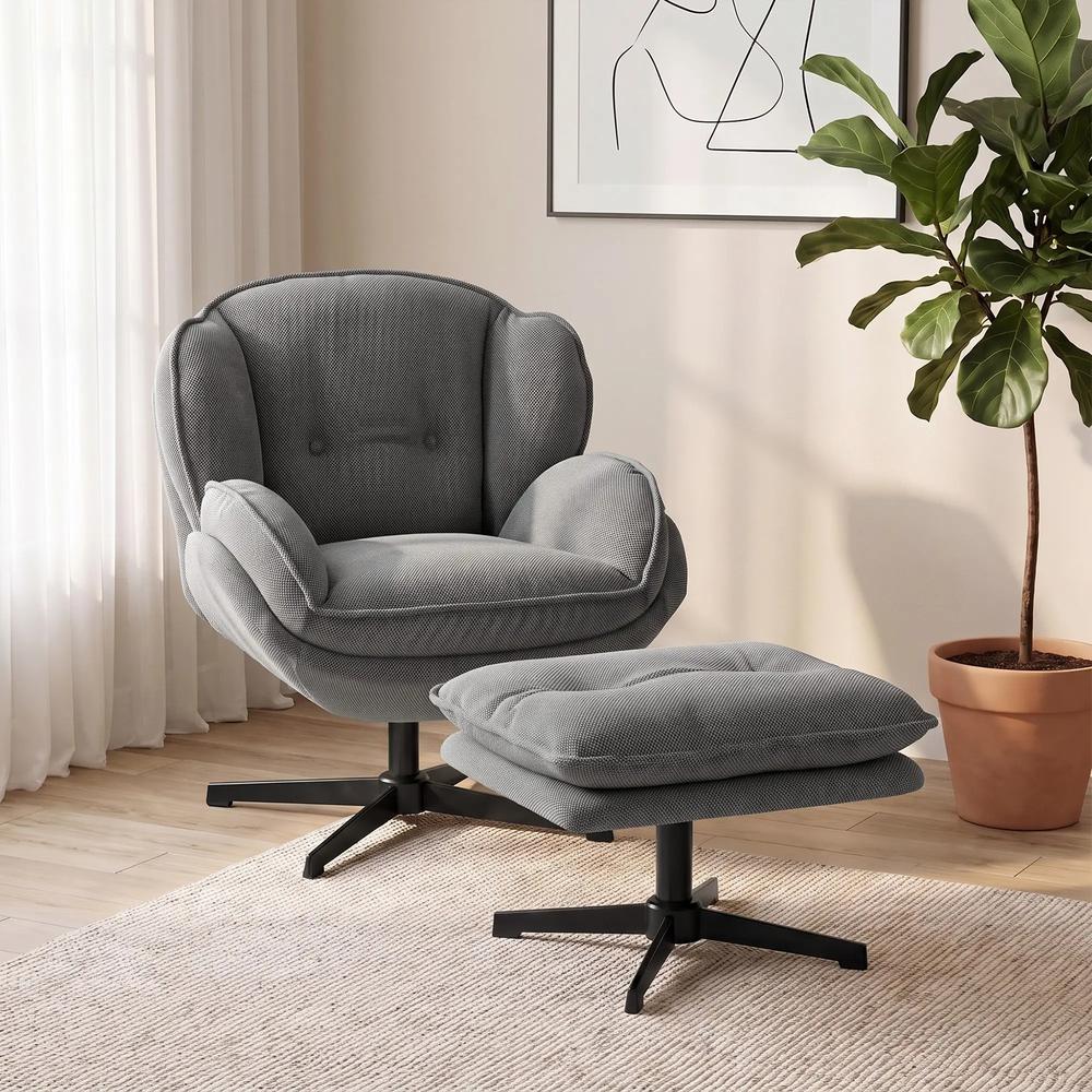 HOMCOM Armchair with Adjustable Footstool, 360-Degree Swivel Chenille Cloud Accent Chair with Thick Cushion, Steel Base Additional View 9