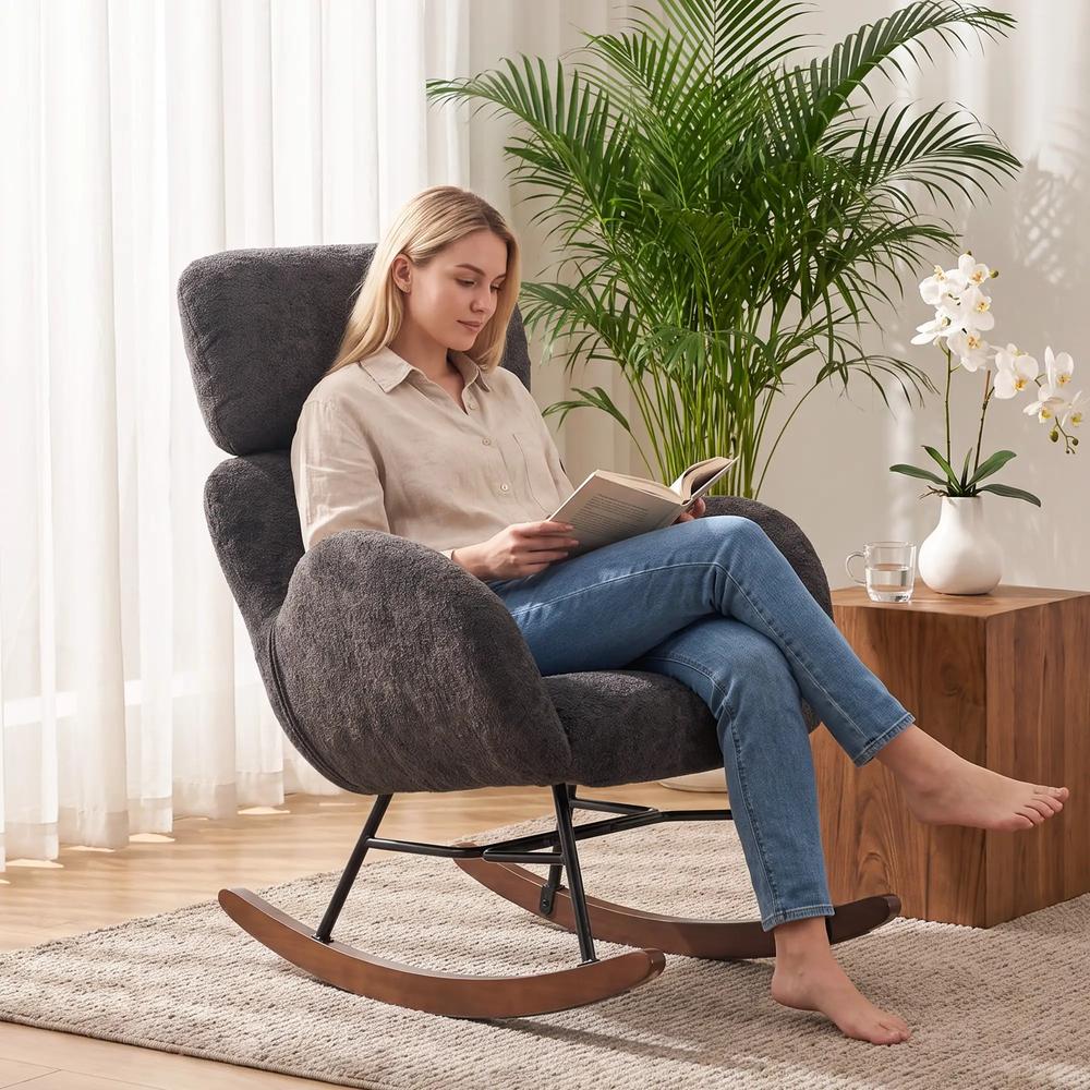 HOMCOM Upholstered Rocking Chair Adjustable Headrest Rocker Chair Raindrop Velvet Rubberwood Base Additional View 14