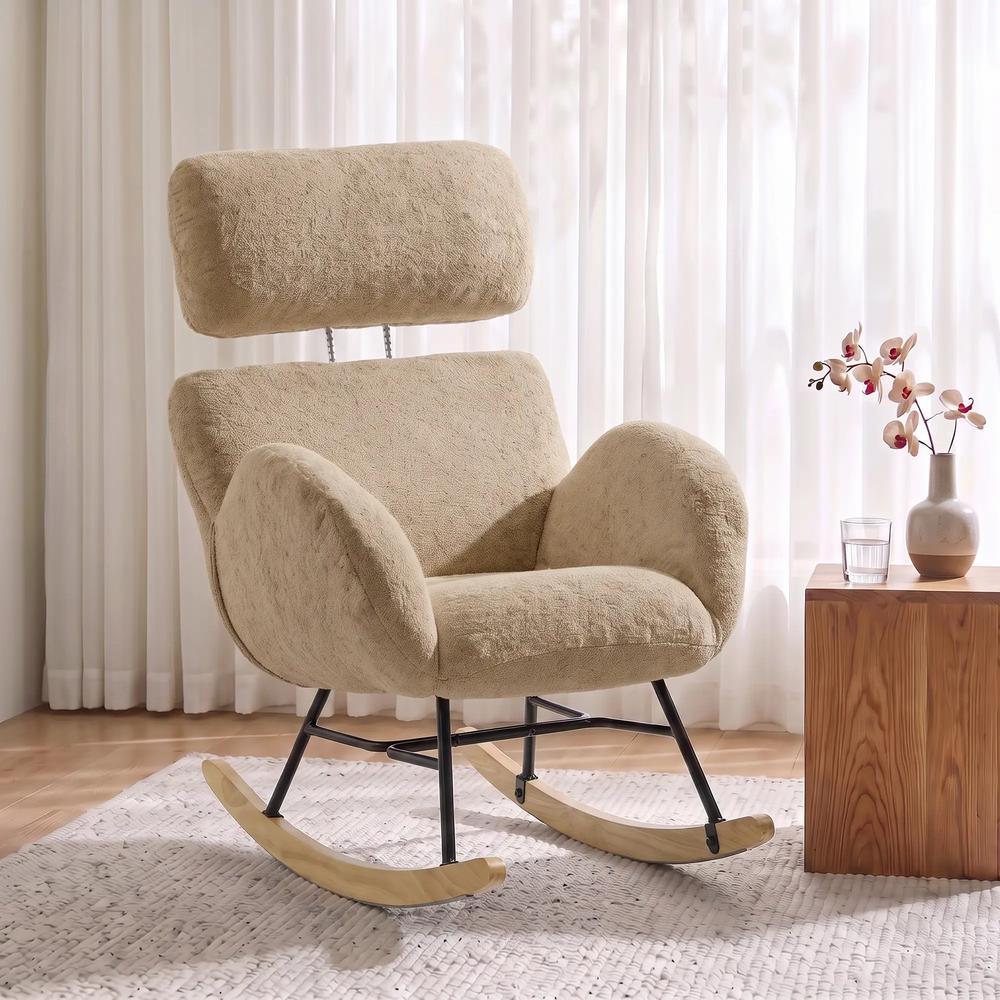 HOMCOM Upholstered Rocking Chair Adjustable Headrest Rocker Chair Raindrop Velvet Rubberwood Base Additional View 17