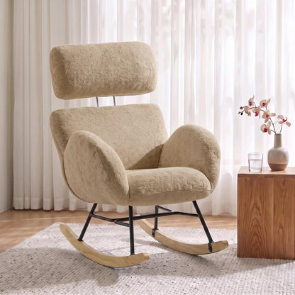 HOMCOM Upholstered Rocking Chair Adjustable Headrest Rocker Chair Raindrop Velvet Rubberwood Base Additional View 17