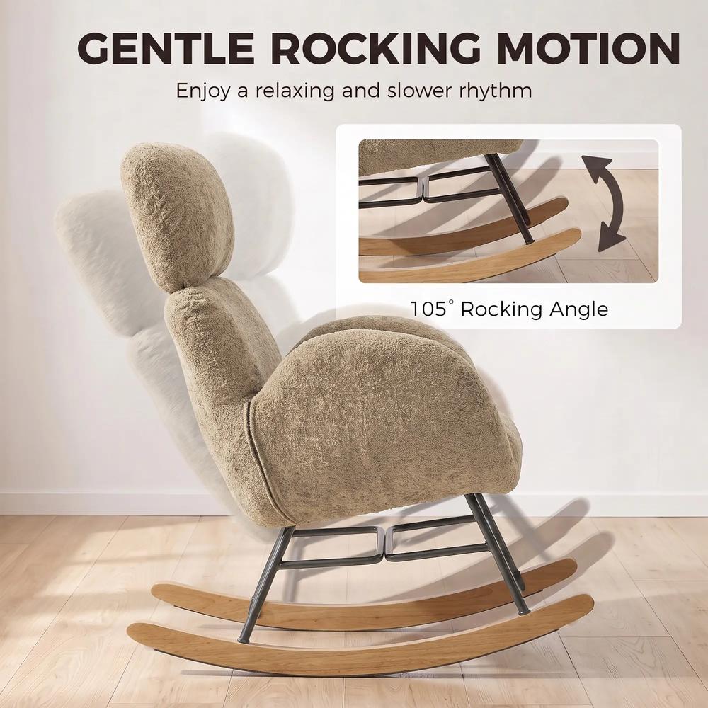 HOMCOM Upholstered Rocking Chair Adjustable Headrest Rocker Chair Raindrop Velvet Rubberwood Base Additional View 19