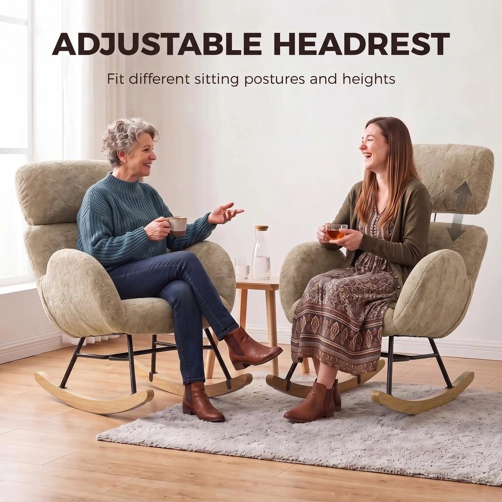 HOMCOM Upholstered Rocking Chair Adjustable Headrest Rocker Chair Raindrop Velvet Rubberwood Base Additional View 20