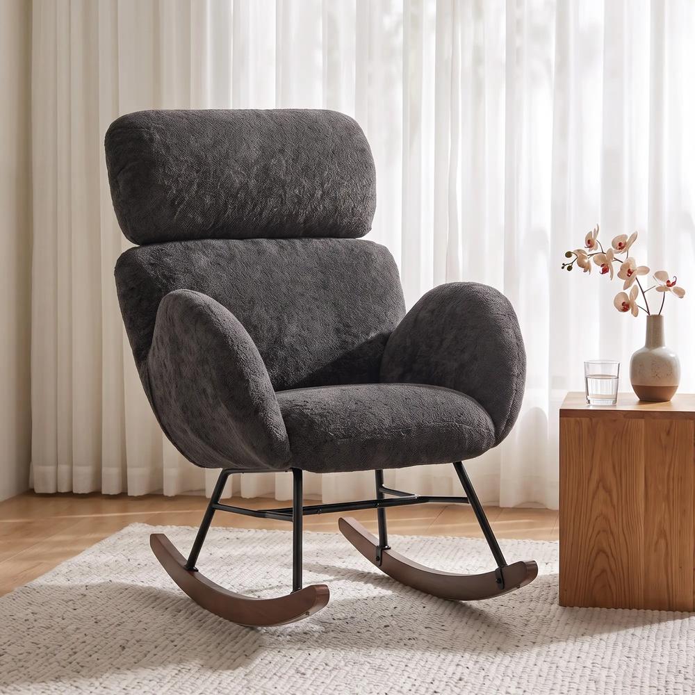 HOMCOM Upholstered Rocking Chair Adjustable Headrest Rocker Chair Raindrop Velvet Rubberwood Base Additional View 2