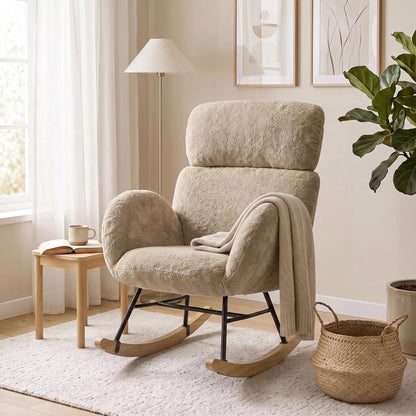 HOMCOM Upholstered Rocking Chair Adjustable Headrest Rocker Chair Raindrop Velvet Rubberwood Base Additional View 23