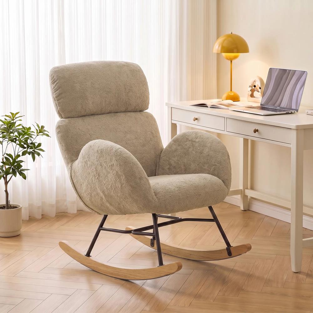 HOMCOM Upholstered Rocking Chair Adjustable Headrest Rocker Chair Raindrop Velvet Rubberwood Base Additional View 24