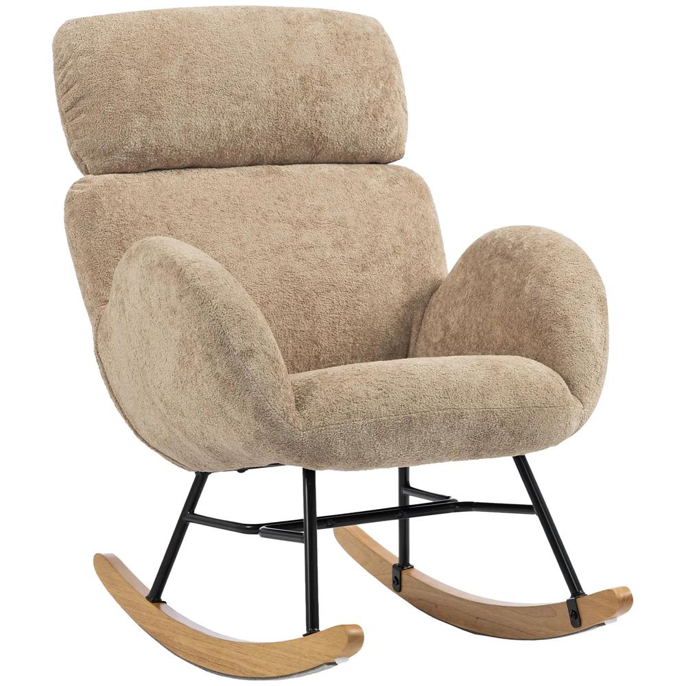 HOMCOM Upholstered Rocking Chair Adjustable Headrest Rocker Chair Raindrop Velvet Rubberwood Base Additional View 30