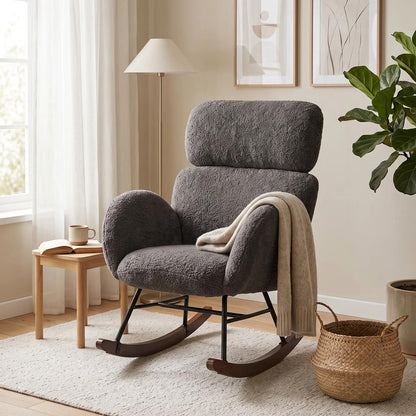 HOMCOM Upholstered Rocking Chair Adjustable Headrest Rocker Chair Raindrop Velvet Rubberwood Base Additional View 8