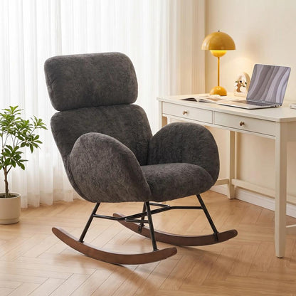 HOMCOM Upholstered Rocking Chair Adjustable Headrest Rocker Chair Raindrop Velvet Rubberwood Base Additional View 9
