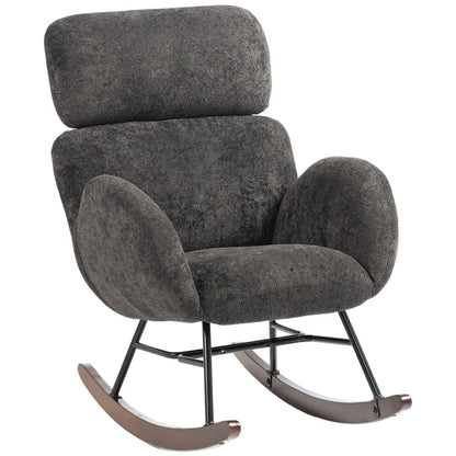 HOMCOM Upholstered Rocking Chair Adjustable Headrest Rocker Chair Raindrop Velvet Rubberwood Base