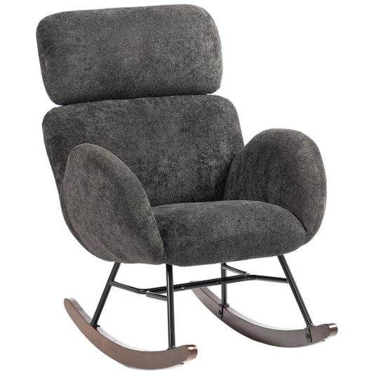 HOMCOM Upholstered Rocking Chair Adjustable Headrest Rocker Chair Raindrop Velvet Rubberwood Base