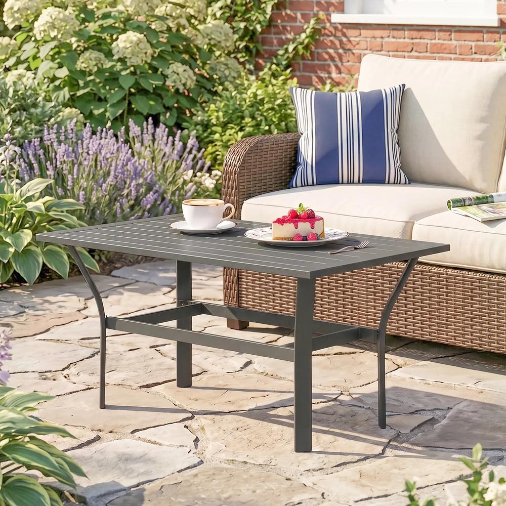 Outsunny Metal Garden Coffee Table, Rectangular Outdoor Side Table with Slatted Tabletop, Foot Pads for Outside, Garden, Balcony, Porch, 91.5 x 55 x 45cm Additional View 14