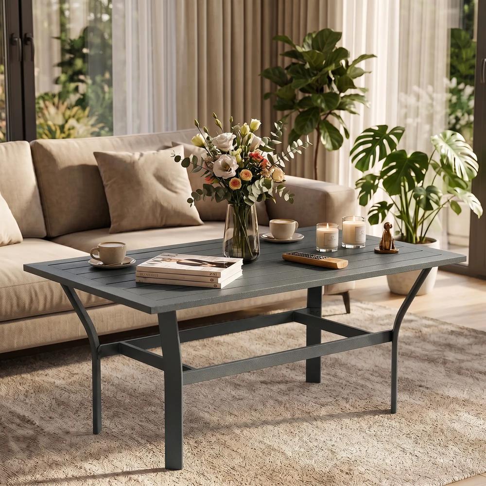 Outsunny Metal Garden Coffee Table, Rectangular Outdoor Side Table with Slatted Tabletop, Foot Pads for Outside, Garden, Balcony, Porch, 91.5 x 55 x 45cm Additional View 9