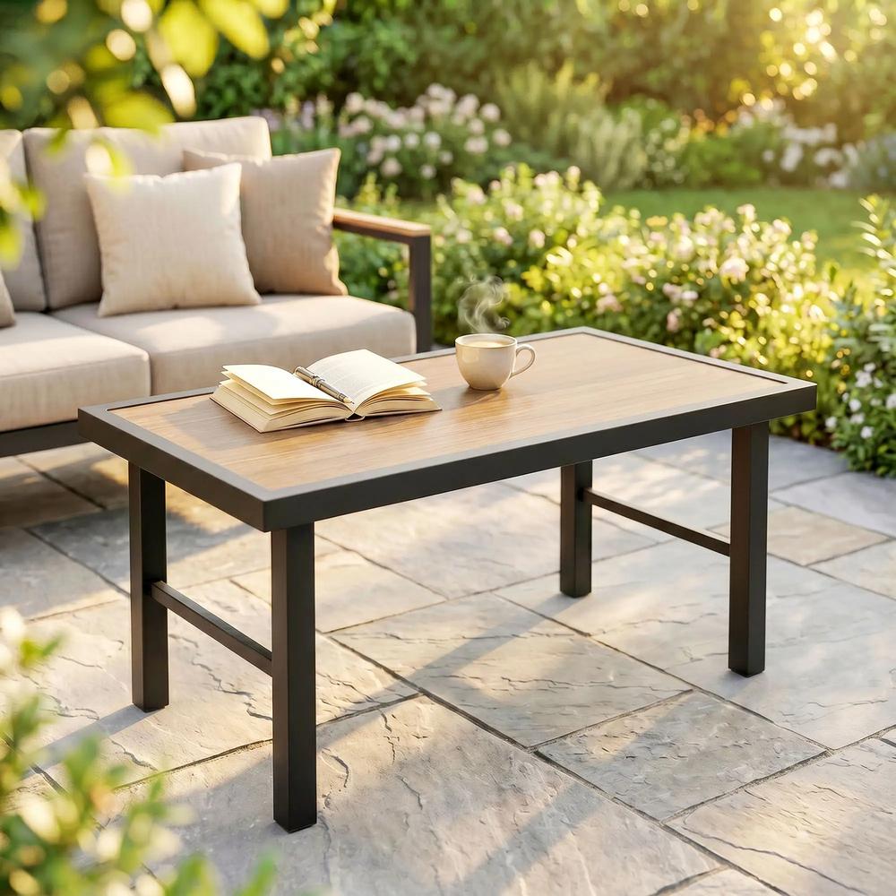 Outsunny Metal Garden Coffee Table, Outdoor Side Table with SPC Woodgrain Tabletop for Outside, Garden, Balcony, Porch, 100 x 53 x 46cm Additional View 14