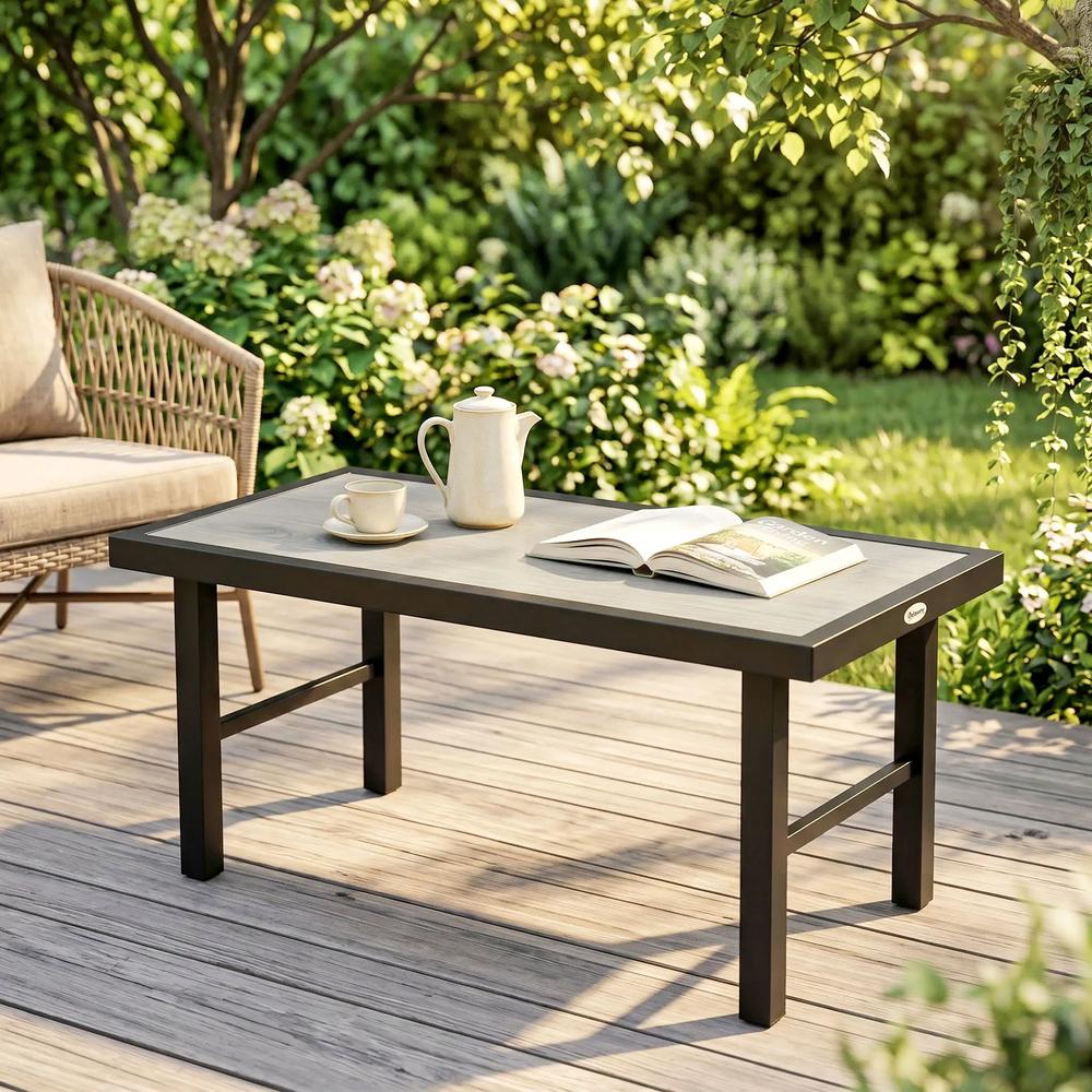 Outsunny Metal Garden Coffee Table, Outdoor Side Table with SPC Woodgrain Tabletop for Outside, Garden, Balcony, Porch, 100 x 53 x 46cm Additional View 17