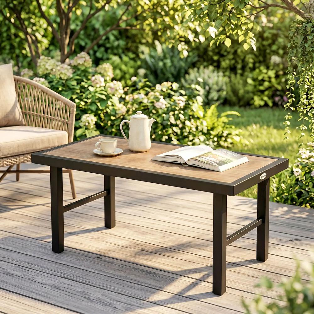Outsunny Metal Garden Coffee Table, Outdoor Side Table with SPC Woodgrain Tabletop for Outside, Garden, Balcony, Porch, 100 x 53 x 46cm Additional View 2