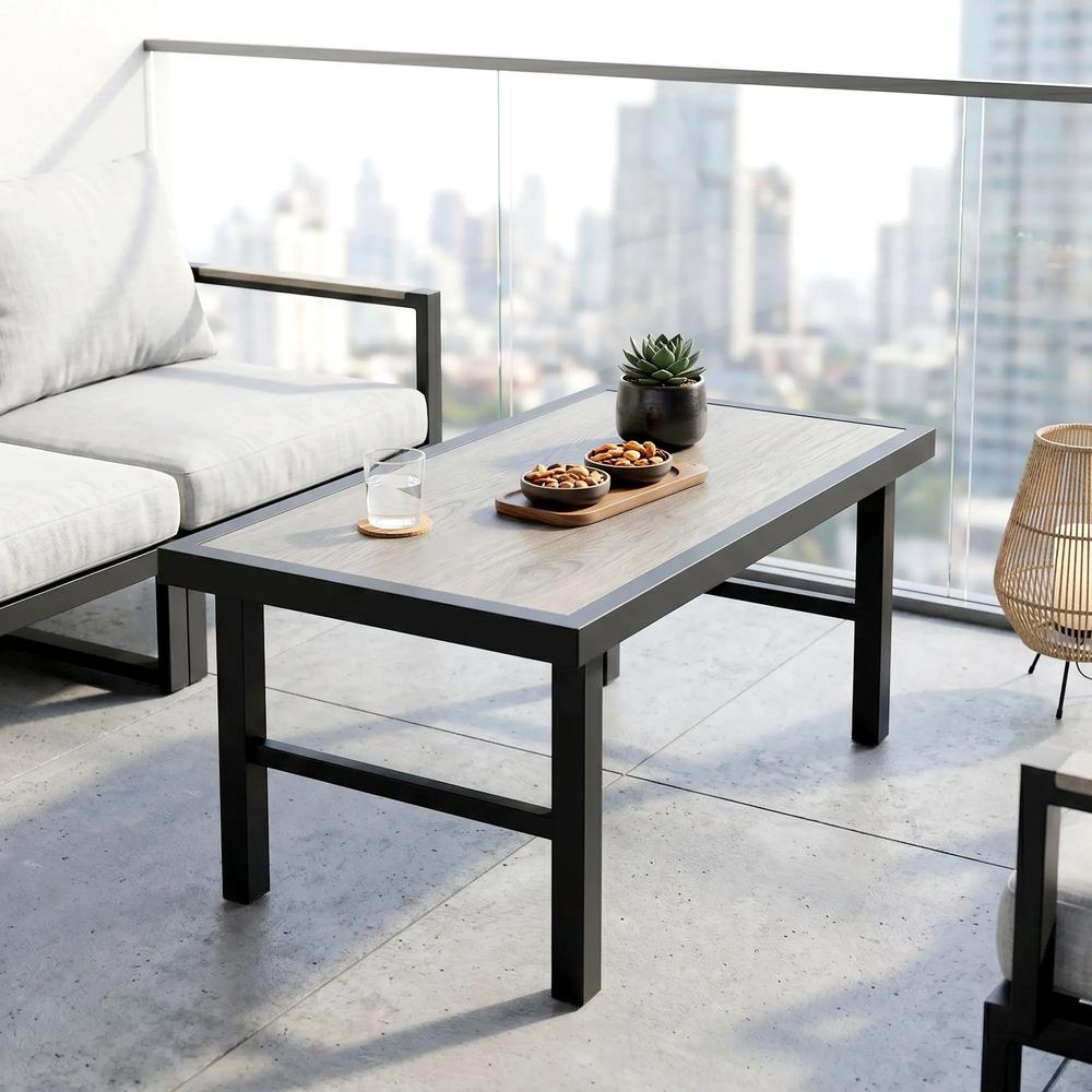 Outsunny Metal Garden Coffee Table, Outdoor Side Table with SPC Woodgrain Tabletop for Outside, Garden, Balcony, Porch, 100 x 53 x 46cm Additional View 22