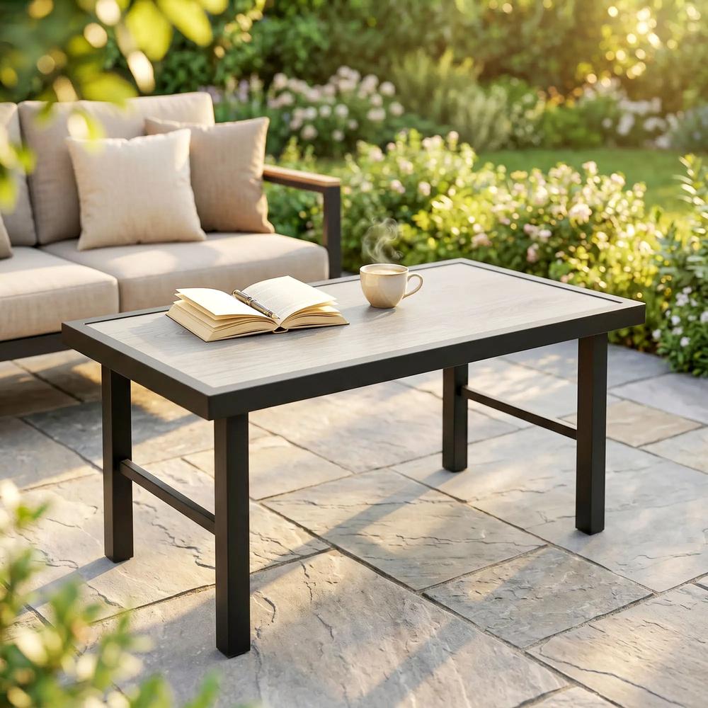 Outsunny Metal Garden Coffee Table, Outdoor Side Table with SPC Woodgrain Tabletop for Outside, Garden, Balcony, Porch, 100 x 53 x 46cm Additional View 28