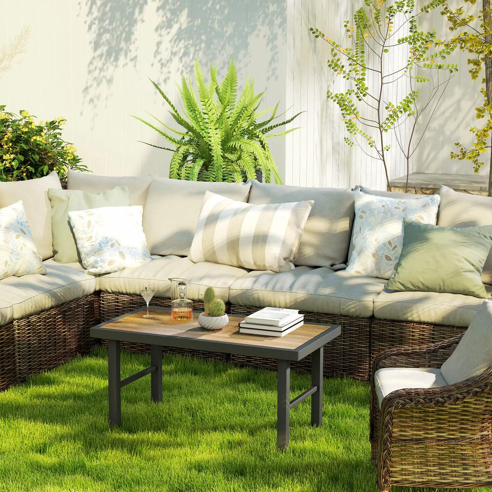 Outsunny Metal Garden Coffee Table, Outdoor Side Table with SPC Woodgrain Tabletop for Outside, Garden, Balcony, Porch, 100 x 53 x 46cm Additional View 7