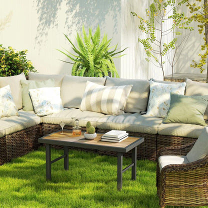 Outsunny Metal Garden Coffee Table, Outdoor Side Table with SPC Woodgrain Tabletop for Outside, Garden, Balcony, Porch, 100 x 53 x 46cm Additional View 7