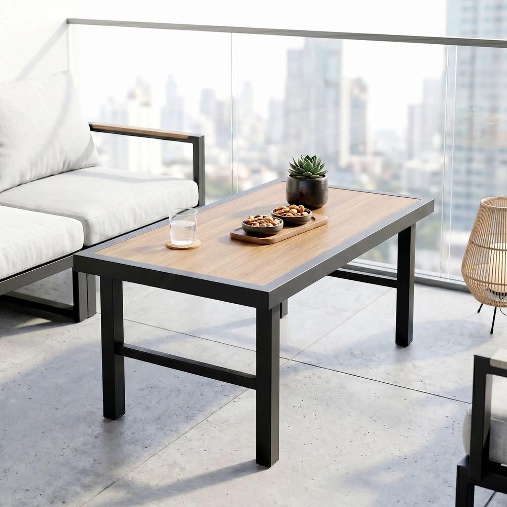 Outsunny Metal Garden Coffee Table, Outdoor Side Table with SPC Woodgrain Tabletop for Outside, Garden, Balcony, Porch, 100 x 53 x 46cm Additional View 8