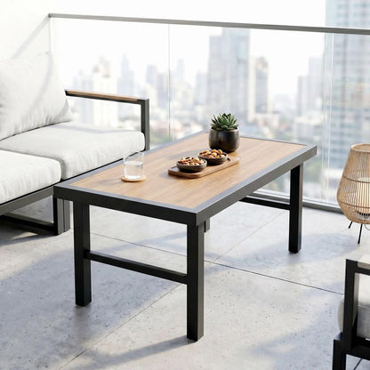 Outsunny Metal Garden Coffee Table, Outdoor Side Table with SPC Woodgrain Tabletop for Outside, Garden, Balcony, Porch, 100 x 53 x 46cm Additional View 8