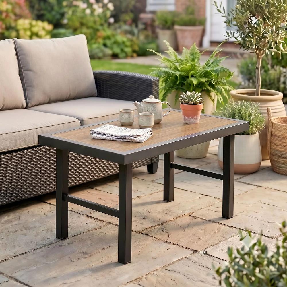 Outsunny Metal Garden Coffee Table, Outdoor Side Table with SPC Woodgrain Tabletop for Outside, Garden, Balcony, Porch, 100 x 53 x 46cm Additional View 9