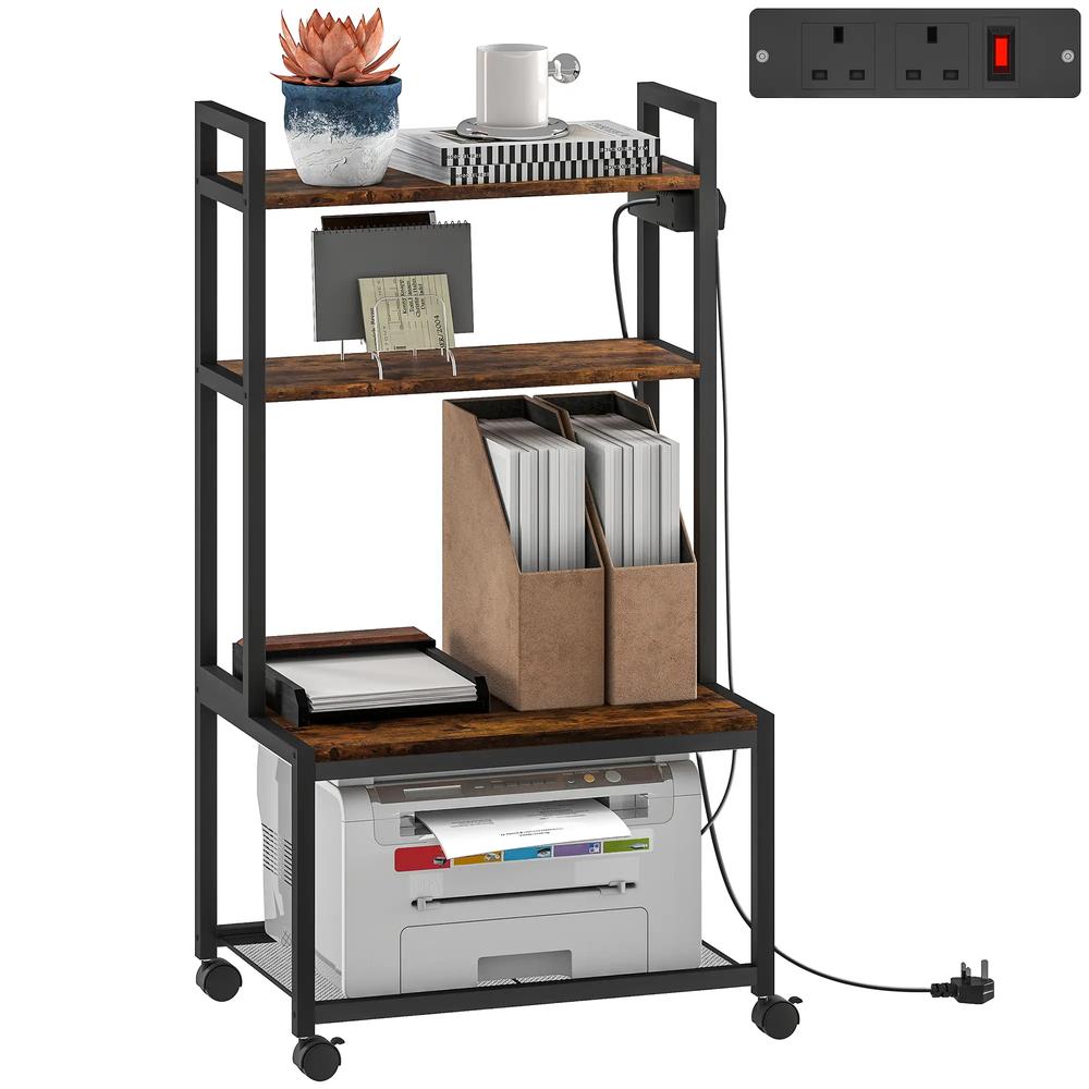HOMCOM 4-Tier Printer Stand with Power Outlets and Wheels - Rustic Brown Additional View 11